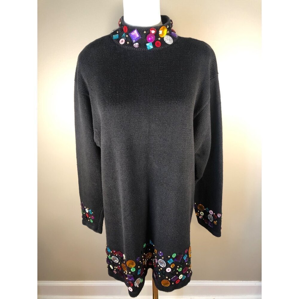 Mary Kay Embellished & Bejeweled Long Sleeve Black Knit Tunic Sweater Size L